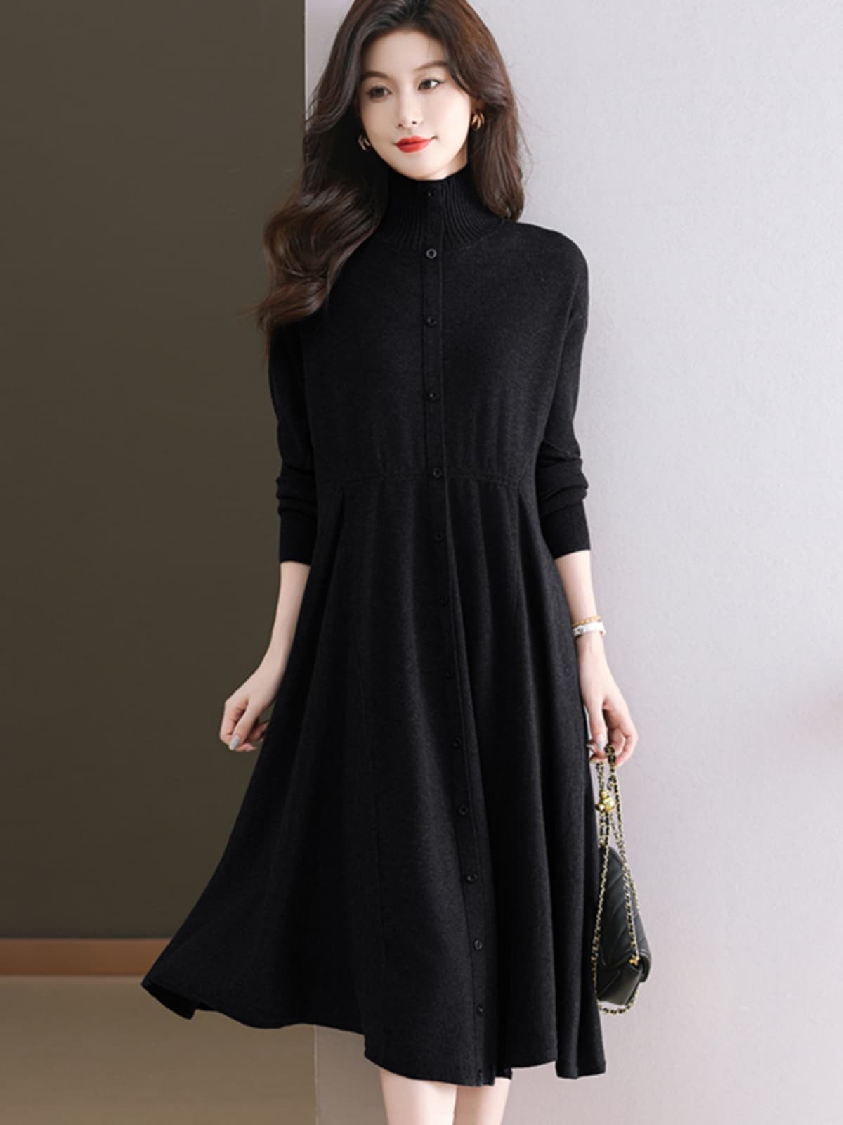 タートルネック上質ウール混ニットワンピース S~3XL