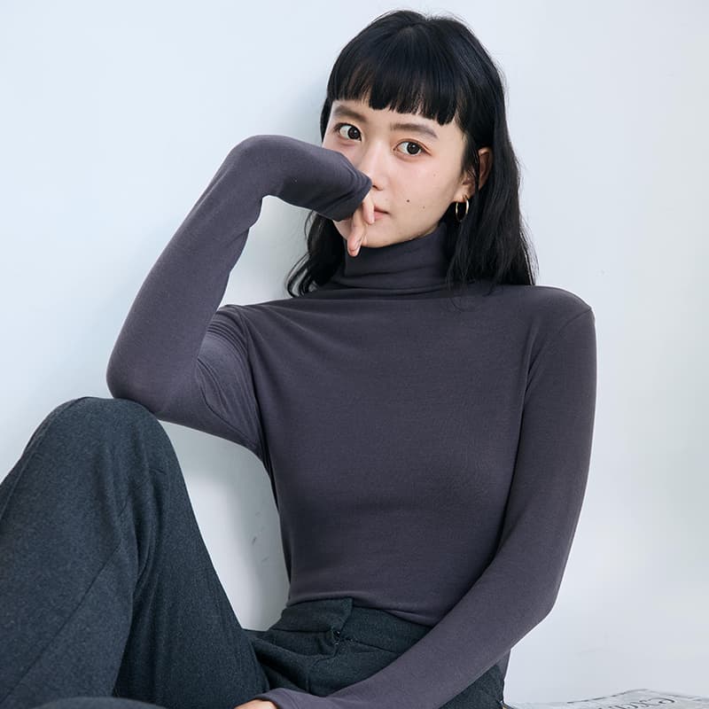 シンプル長袖タートルネックインナートップス M L