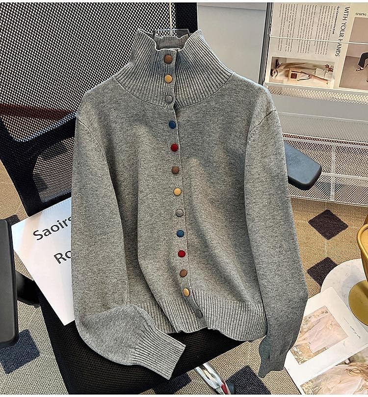 タートルネック レディース 長袖 カラフルボタン ニットカーディガン S〜3XL