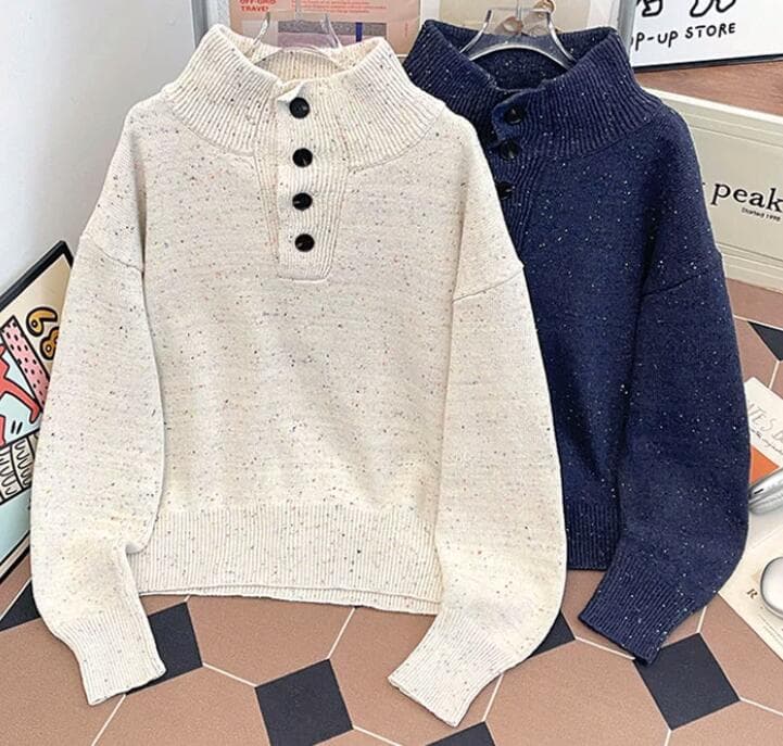 【メンズ 長袖 タートルネック】高襟ボタン付きニットセーター|秋冬の防寒×上品デザイン neckty+