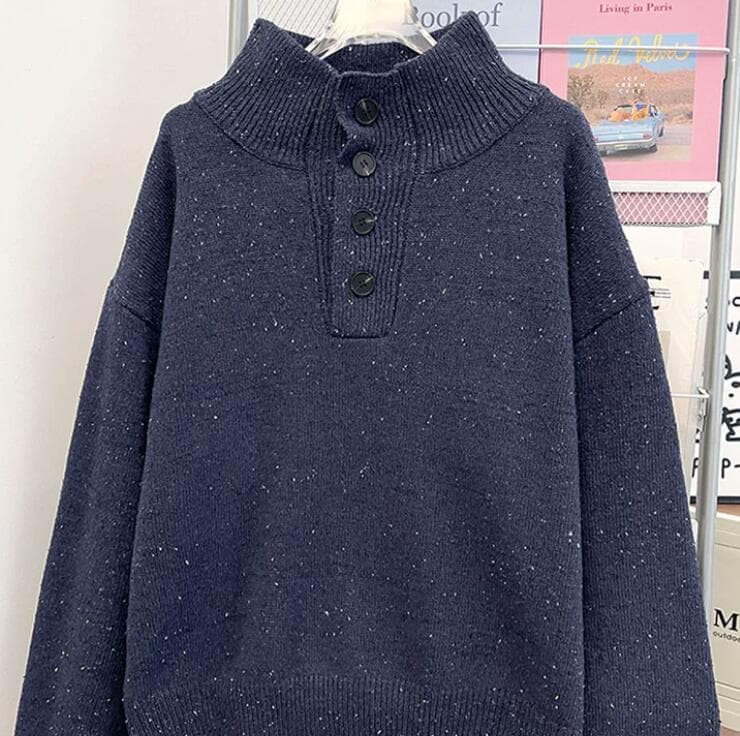 【メンズ 長袖 タートルネック】高襟ボタン付きニットセーター|秋冬の防寒×上品デザイン neckty+