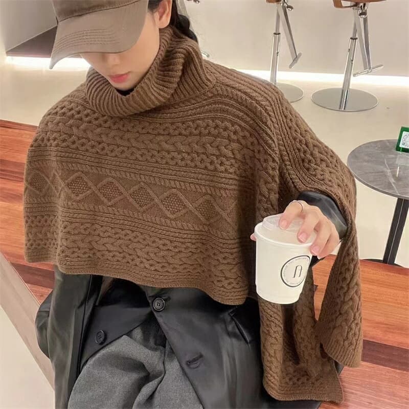 【骨格ナチュラル向け】タートルネック レディース ポンチョ|変形ニットジャケット レディース 羽織