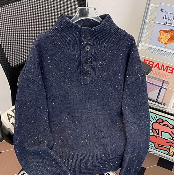 【メンズ 長袖 タートルネック】高襟ボタン付きニットセーター|秋冬の防寒×上品デザイン neckty+