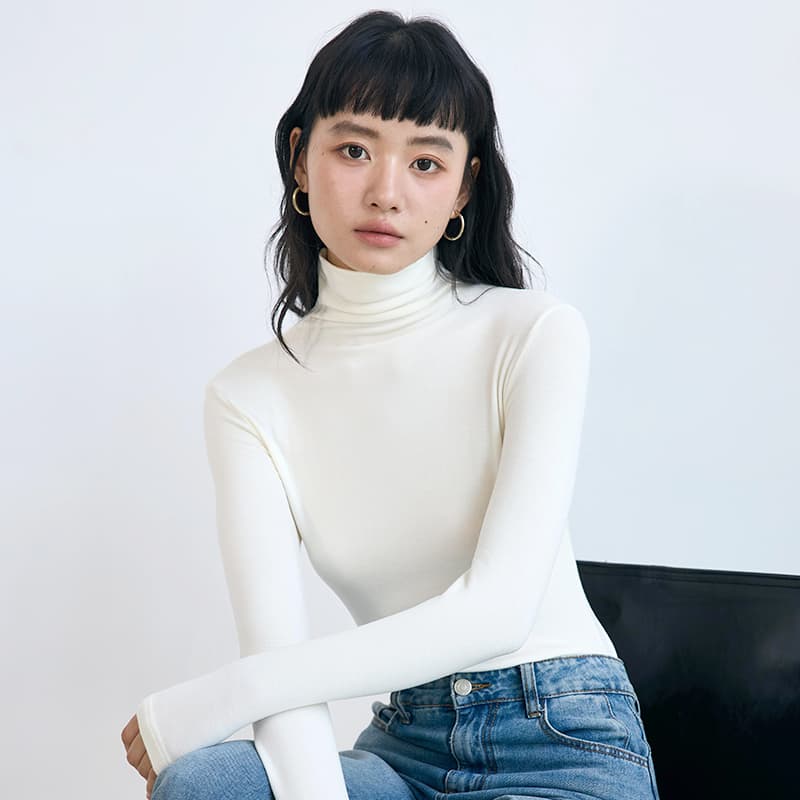 シンプル長袖タートルネックインナートップス M L