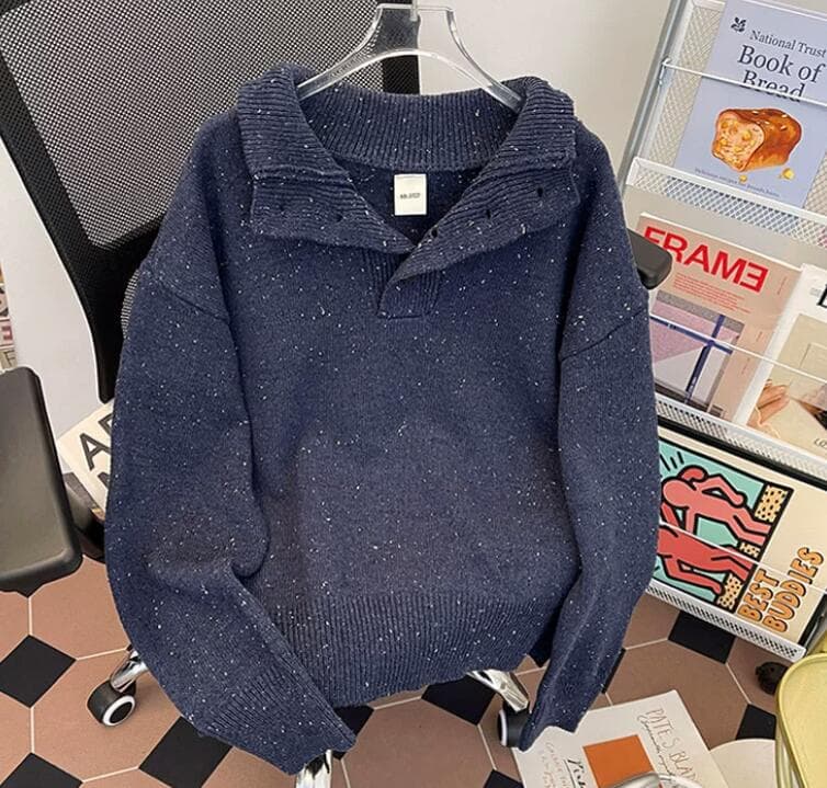 【メンズ 長袖 タートルネック】高襟ボタン付きニットセーター|秋冬の防寒×上品デザイン neckty+