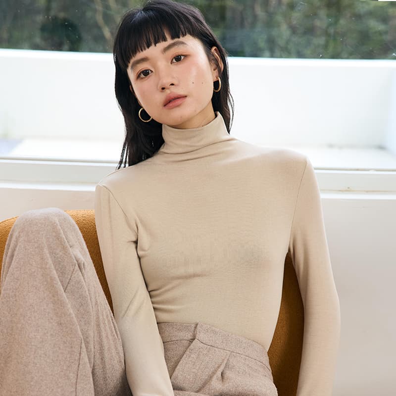 シンプル長袖タートルネックインナートップス M L
