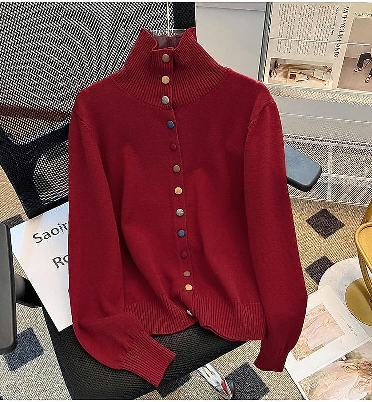 タートルネック レディース 長袖 カラフルボタン ニットカーディガン S〜3XL