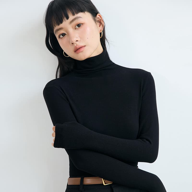 シンプル長袖タートルネックインナートップス M L