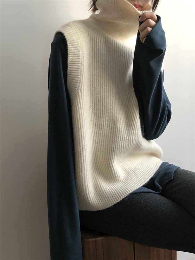 タートルネック レディース ノースリーブ 高品質袖なしセーター女性用タートルネック冬物編みベスト