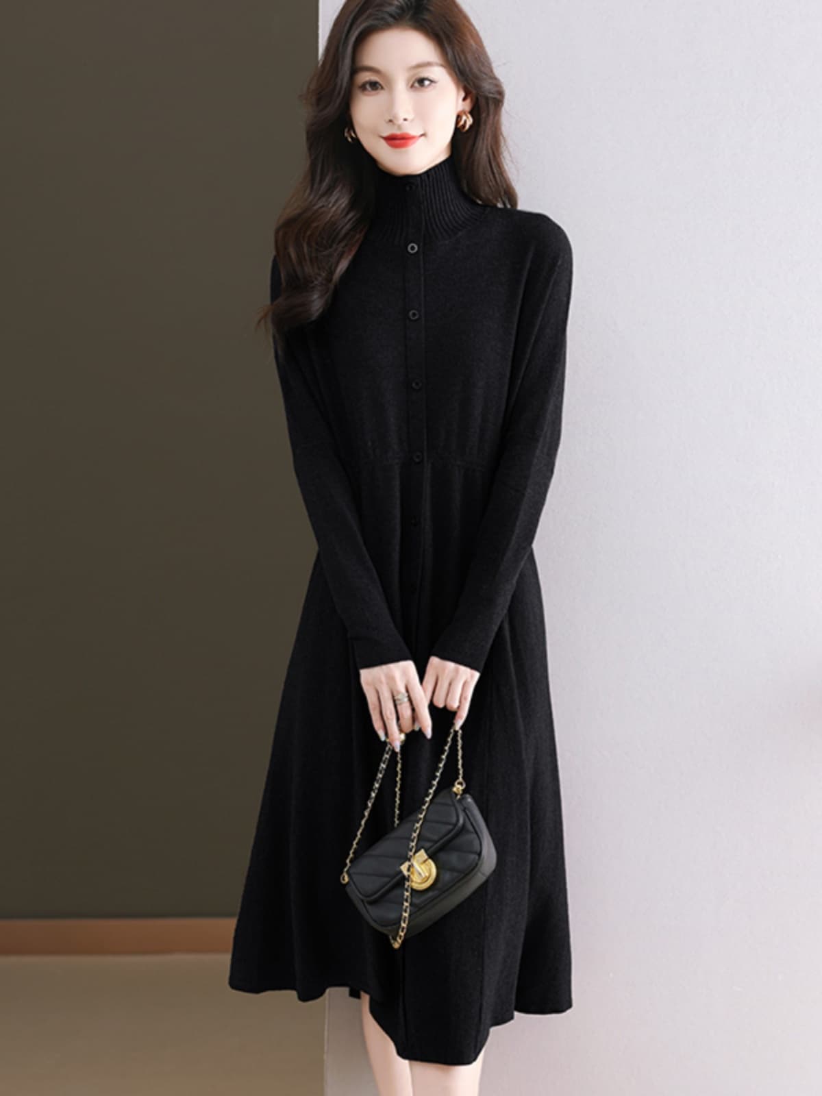 タートルネック上質ウール混ニットワンピース S~3XL