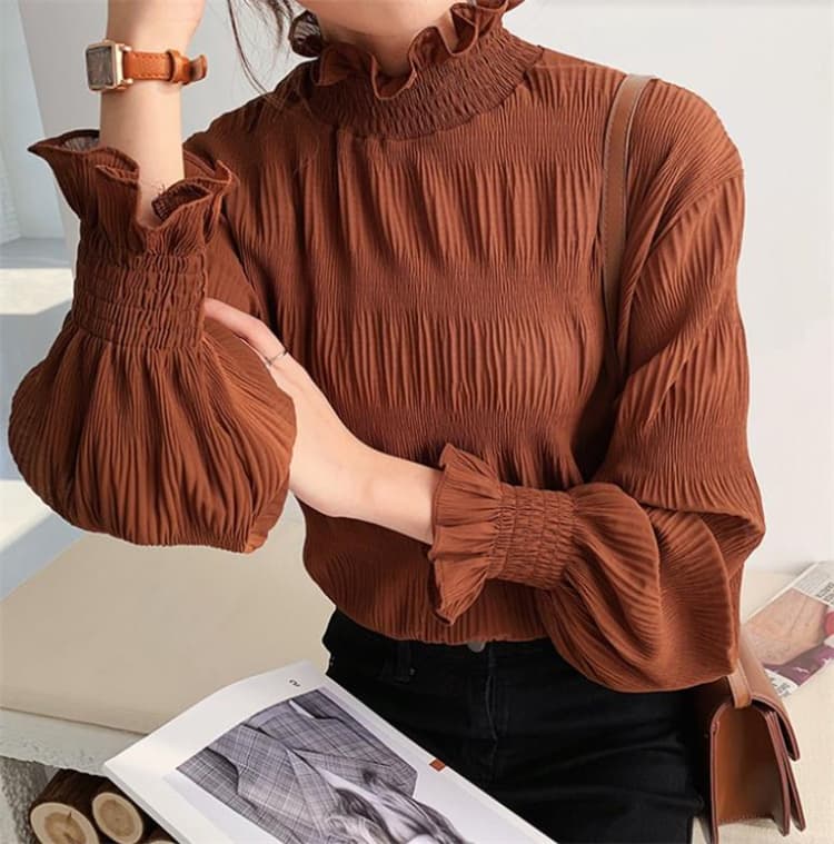 【骨格ウェーブ向け】タートルネック フリルネック レースシャツ|上品シアートップス レディース 長袖