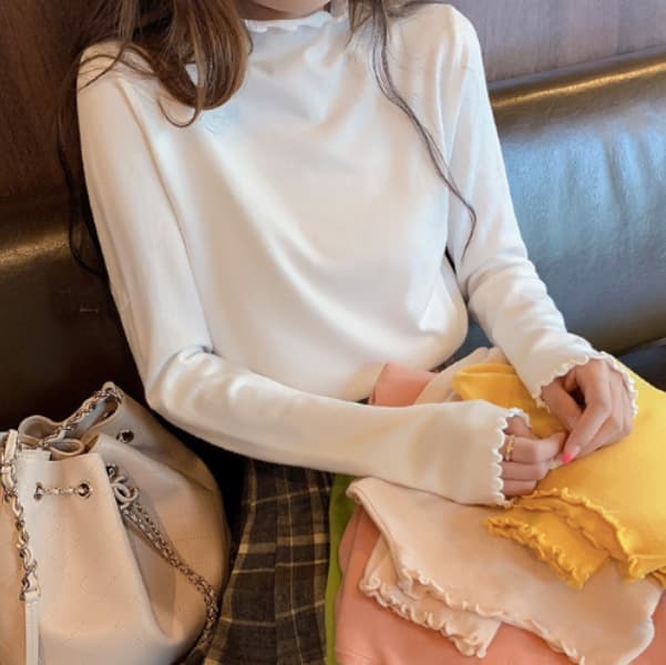 【骨格ウェーブ向け】新作女性用タートルネックシャツ|上品フリル長袖ニット