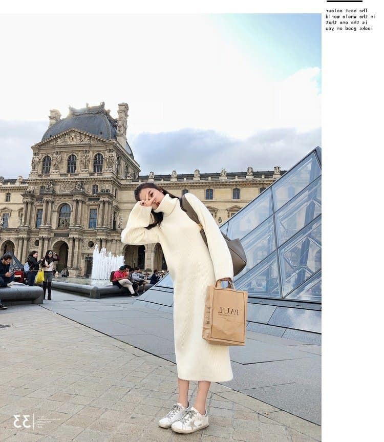 縦リブ編みタートルネックニットワンピース レディース S〜XL