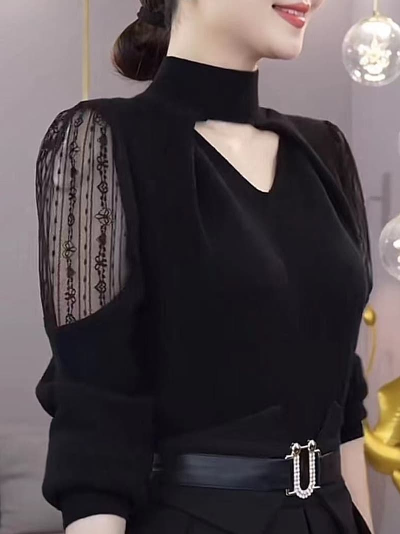 タートルネック レース切替デザインニット 大きいサイズ ぽっちゃり対応 M〜5XL
