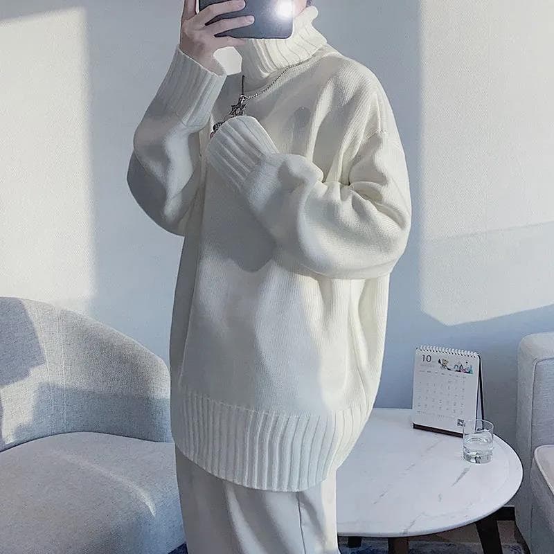 ゆったりシルエット無地タートルネックニットセーター メンズ 長袖 M〜5XL
