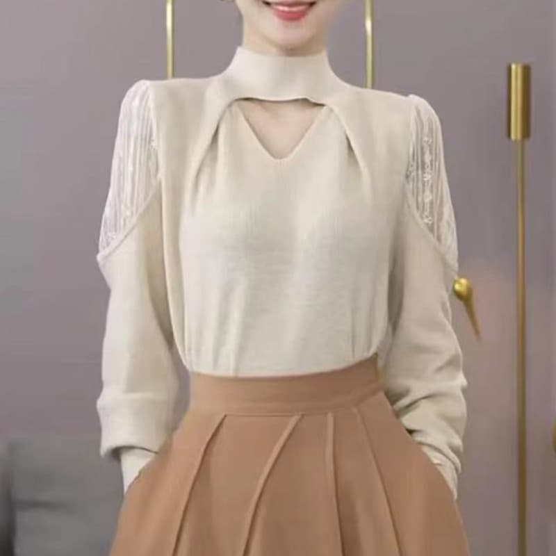 タートルネック レース切替デザインニット 大きいサイズ ぽっちゃり対応 M〜5XL