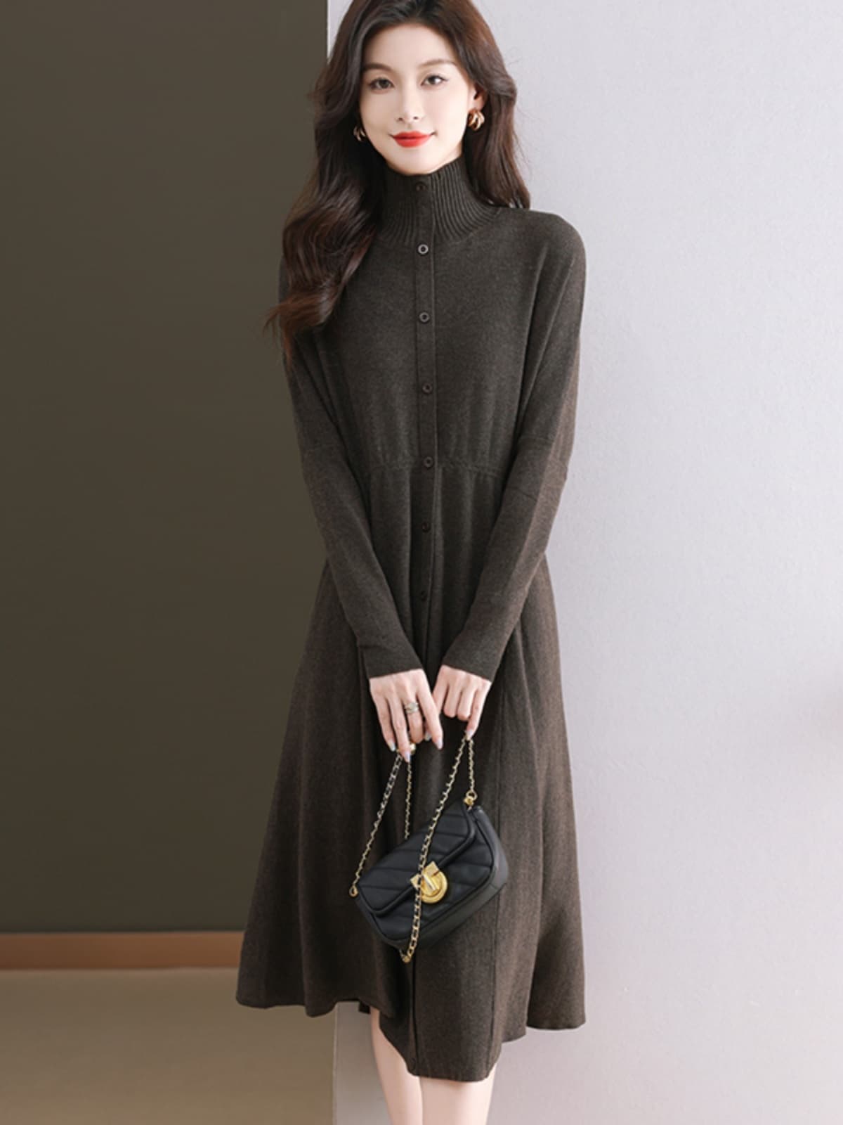 タートルネック上質ウール混ニットワンピース S~3XL