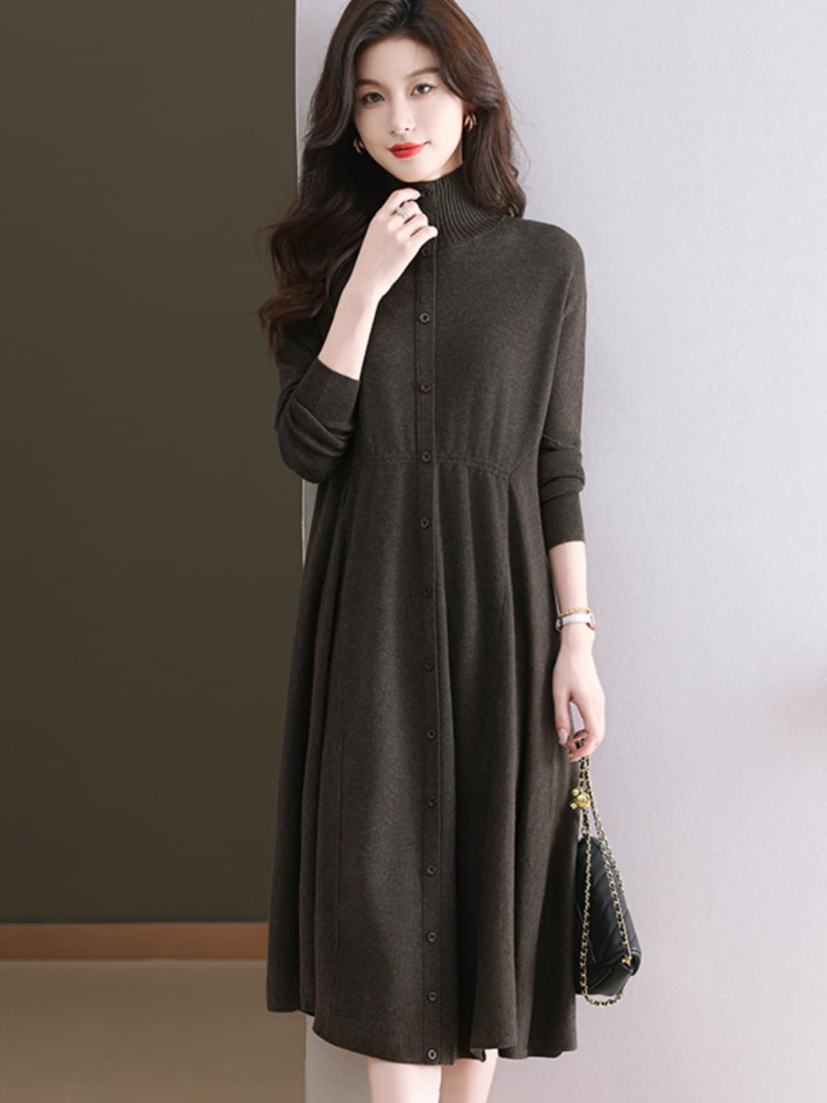 タートルネック上質ウール混ニットワンピース S~3XL